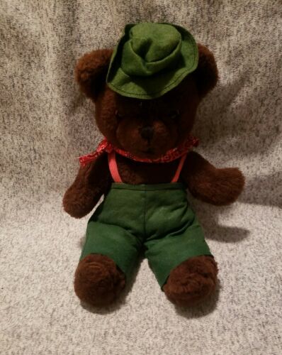 Vintage LL Bean Plush Bear wearing green hat & overalls with red kerchief