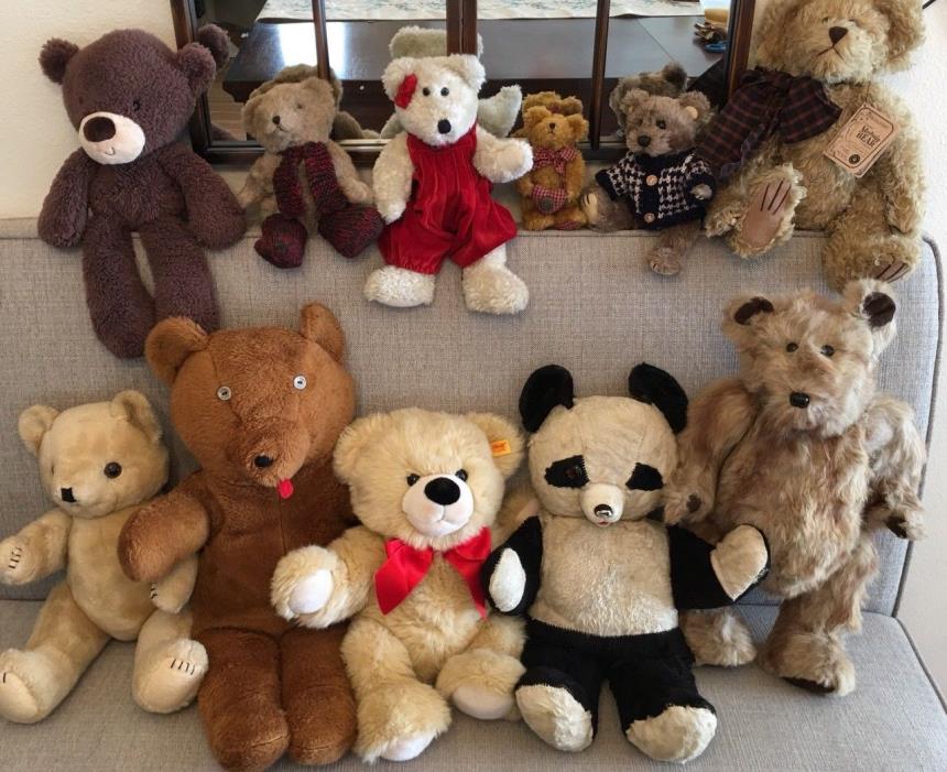 RARE 11 LOT ANTIQUE & VINTAGE TEDDY BEAR/ PANDA STEIFF GUND BOYDS MOHAIR JOINTED