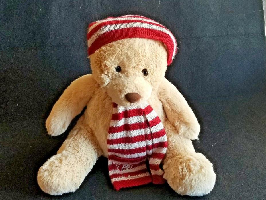 Aeropostale Plush Teddy Bear Red White Striped Hat Scarf Tan  Holiday Hat Scarf