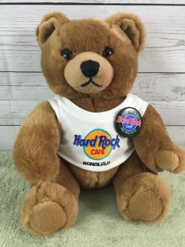 Hard Rock Cafe Honolulu Teddy Bear Brown Plush White Shirt And Recycle Button