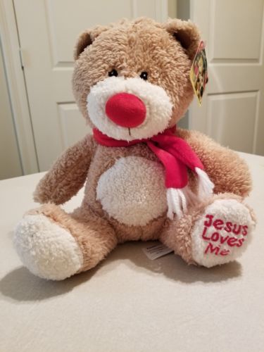 FIESTA Jesus Loves Me  Bear Christian Plush Stuffed Animal Brown Red Scarf