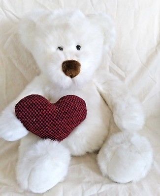 Russ Berrie Bear Hugs White Sitting Teddy Bear 12 Inches Tall Red Heart #7093