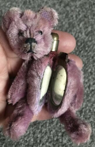 Antique Germany Mini PURPLE SCHUCO Jointed Teddy Bear Powder Compact & Lipstick