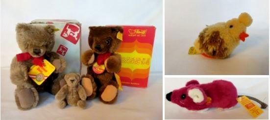 Steiff stuffed animals, 5 items. Bears (3 new), mouse (new), duckling(very good)