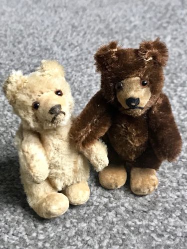 LOT 2 VINTAGE ANTIQUE  Steiff Mohair Teddy Baby Bears  Miniature Dk Brown & Tan