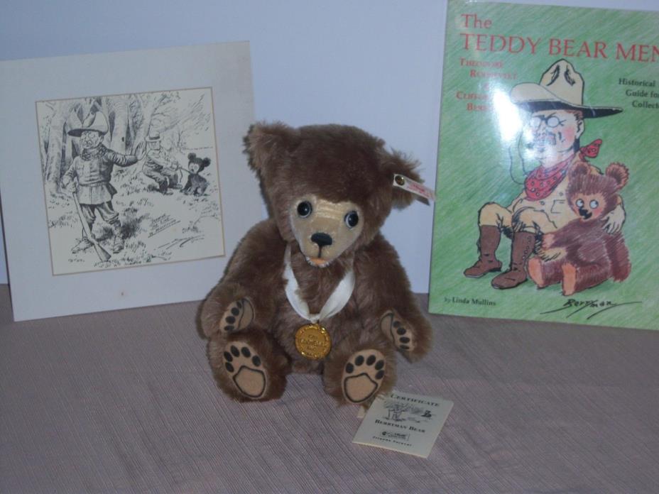 Steiff Berryman 90th anniversary bear w/cartoon and historical guide book