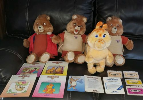 Vintage Teddy Ruxpins & Grubby Lot of 4 1985, 4 cassettes & 4 books, paperwork