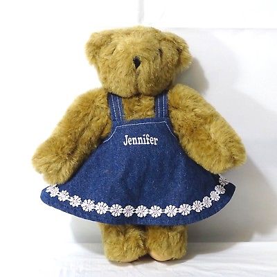 Vermont Teddy Bear Movable Arms and Legs in Denim Dress JENNIFER Brown Authentic