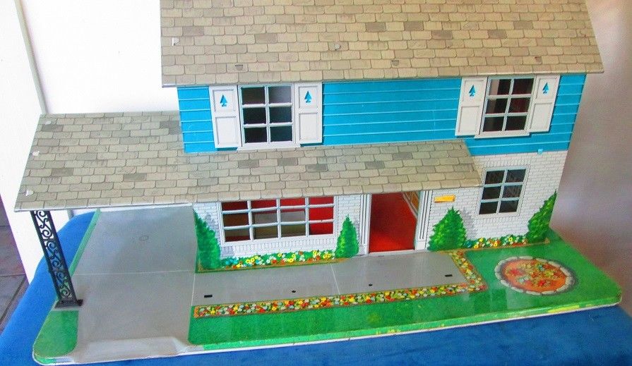 Vintage Tin Doll House w Furniture Blue Two Story w Car Port 1960s