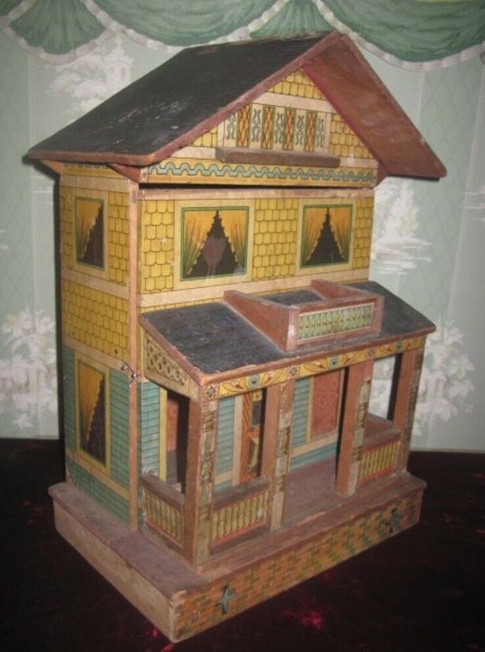SALE! RARE ANTIQUE LITHOGRAPHED PAPER OVER WOOD BLISS VICTORIAN DOLLHOUSE!