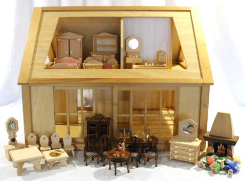 Unfinished Wood Toy Doll House w/ Furniture & Accessories