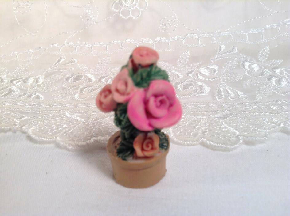 Resin Handpainted Dollhouse Pink Roses Flower Pot 1''