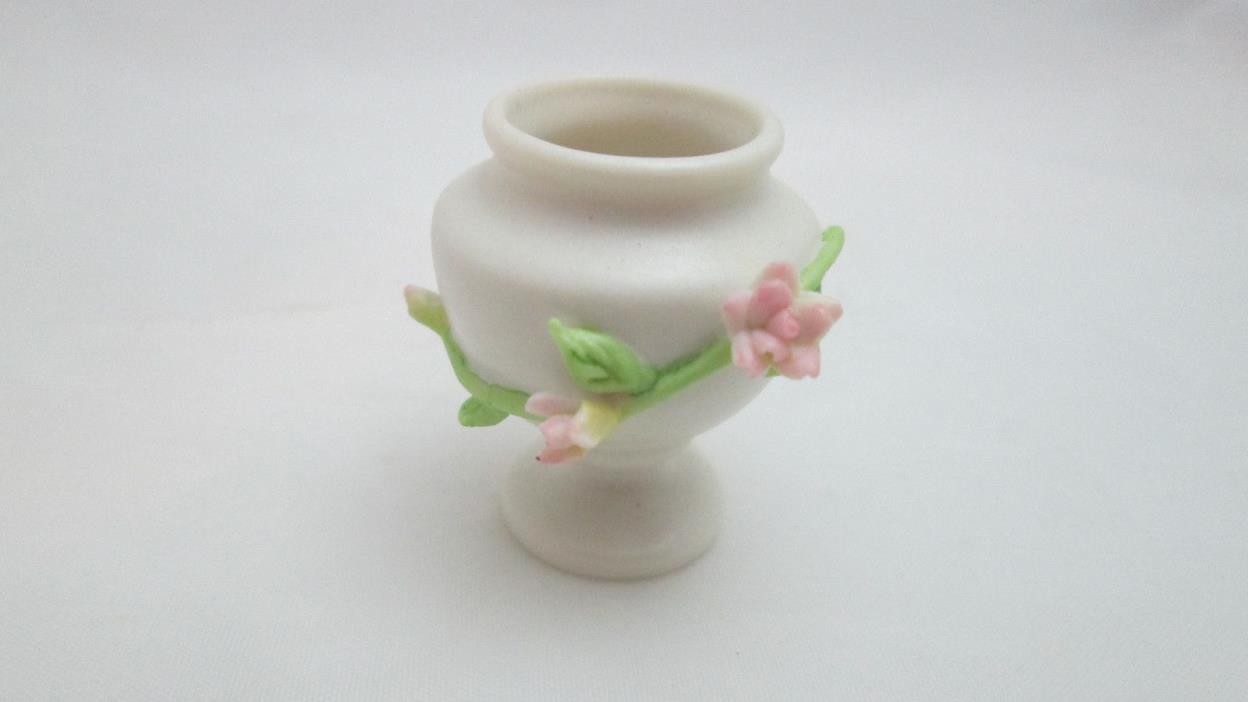 Dollhouse Miniature White Porcelain Footed Flower Pot with Pink Roses