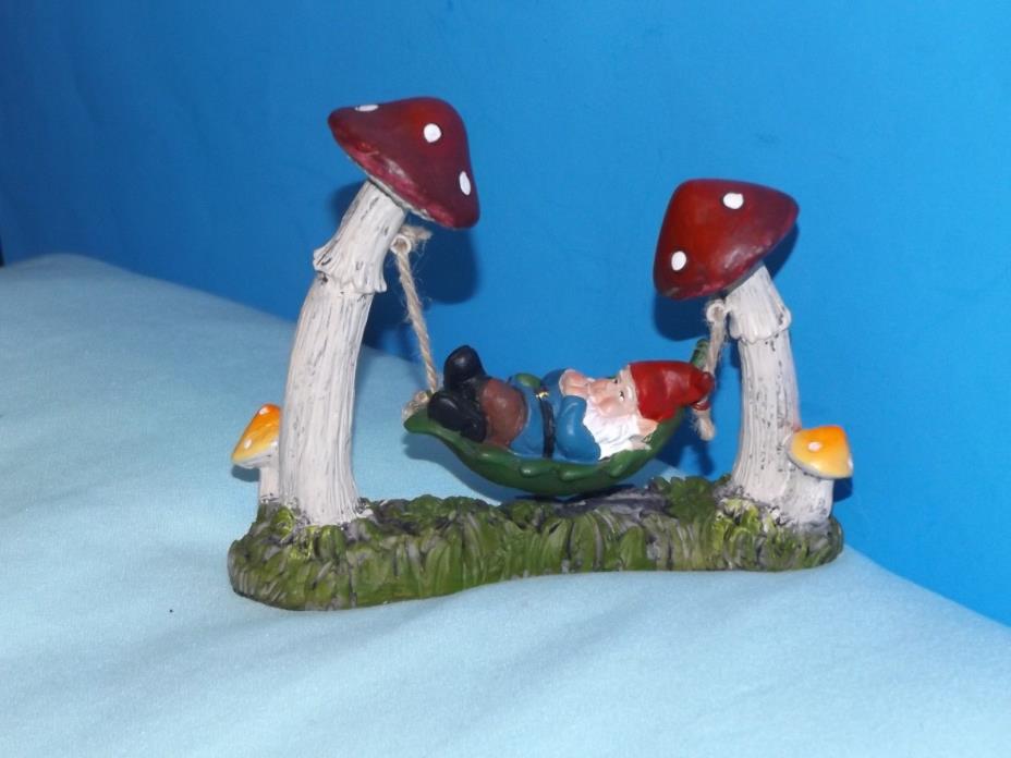 Cute GNOME in LEAF HAMMOCK w RED MUSHROOMS Fairy Garden MINIATURE Dollhouse