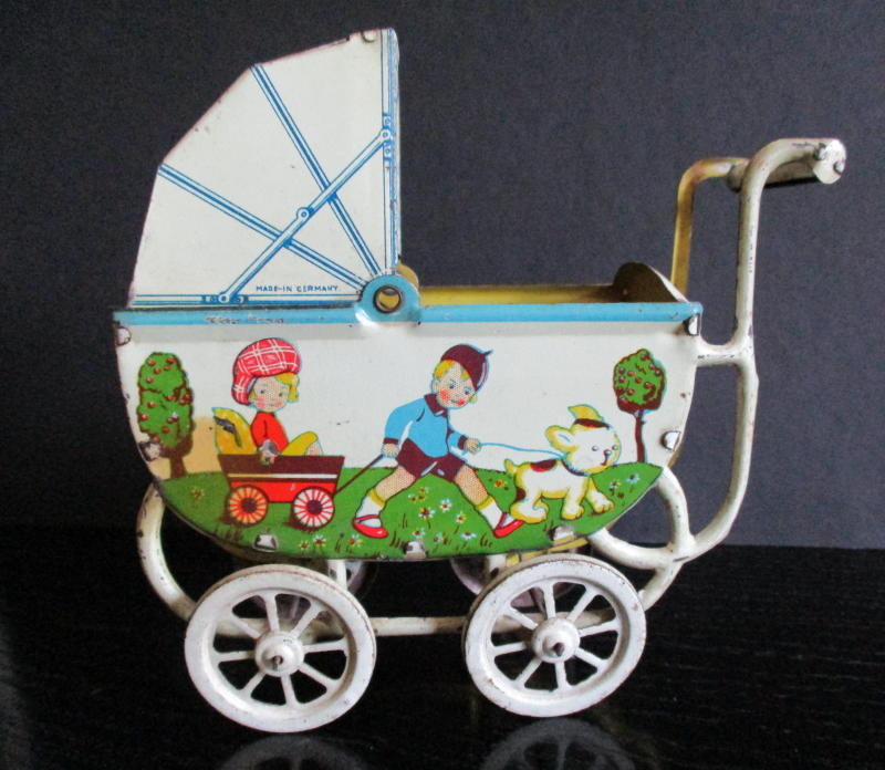 Vintage German Tin Lithographed Toy Baby Carriage ~ Children & Dog Image