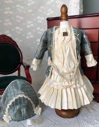 Antique Style Silk Doll Outfit Dress Jacket Hat Blue Cream French German 14-15
