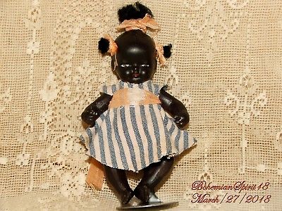 ANTIQUE JAPAN BLACK MINIATURE BABY GIRL BISQUE DOUBLE JOINTED 5'' DOLL