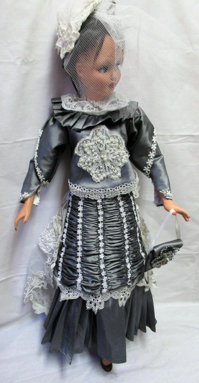 Antique Reproduction French Fashion LADY DOLL DRESS Hat Slip Bustle & Purse 18