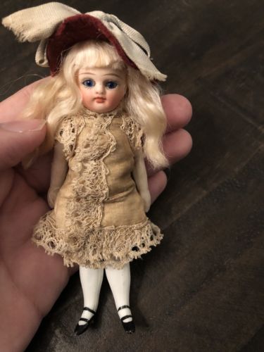 Antique Rare 4.5” French All Bisque Mignonette Doll With Original Clothes