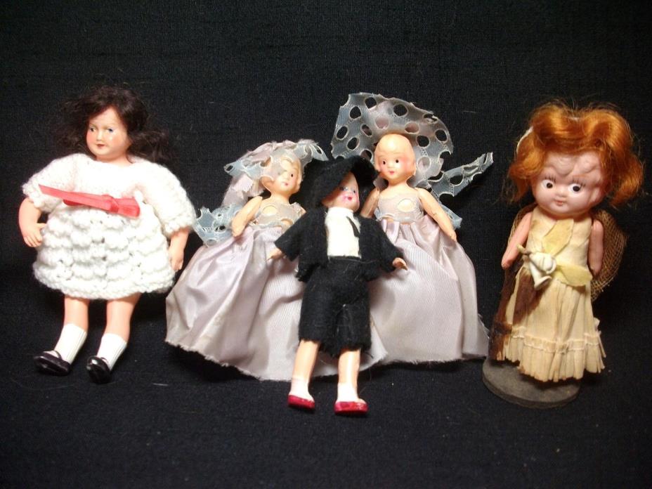 Lot Of 5 Vintage Celluloid Dolls Small 4 - 5 ” Japan France Dressed