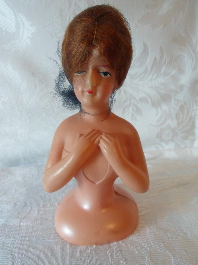 Celluloid Pin Cushion Half Doll Mohair Wig Hair Net Arms Crossed 5.5