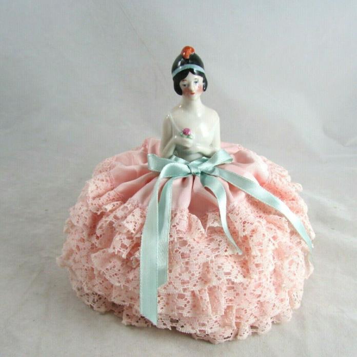 Antique Half Doll Porcelain Flapper Pink Lace Pincushion Skirt 1920s Art Deco