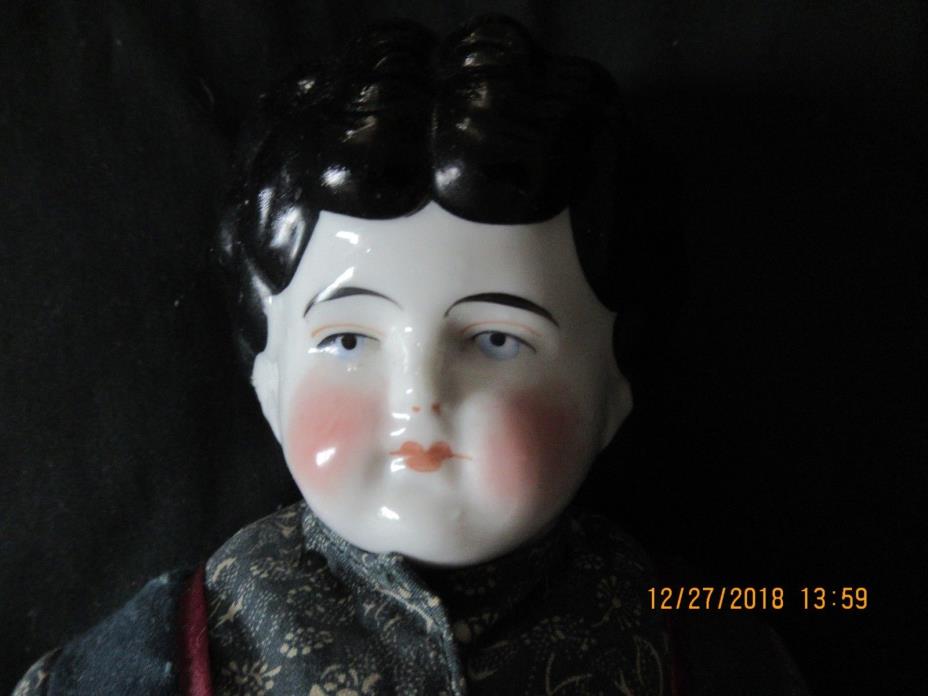 Antique C. 1890's China Porcelain Low Brow Doll Cloth Body 16 1/2