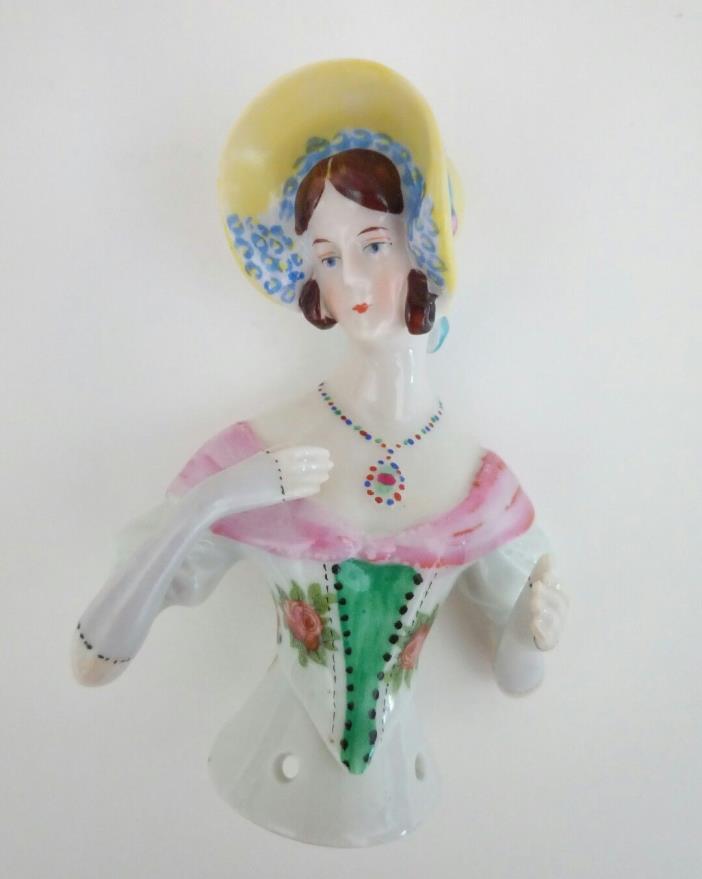 Antique Porcelain Goebel ? Half Doll Yellow Bonnet Hat Necklace Arms Away