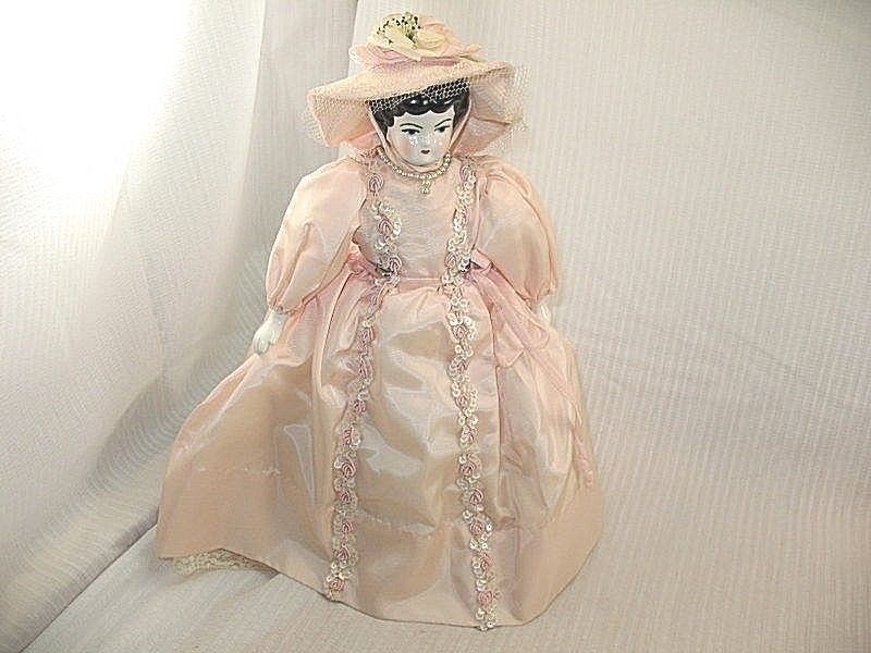 Vintage Repro China Head Doll IN PINK TAFFETA DRESS HAT 2 PETTICOATS & PANTALOON