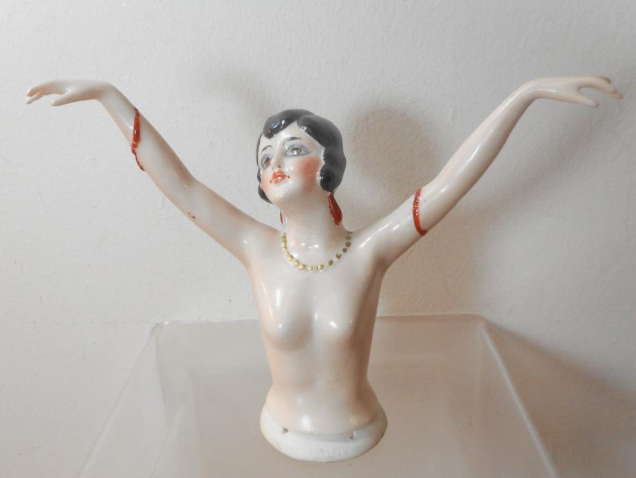 1920's Germany Porcelain Flapper Pin Cushion Half Doll Arms & Hands Away 5 3/4