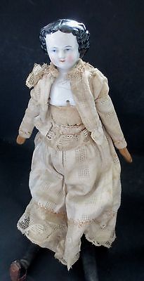 China Doll  Mid 19th cent. antique Cloth Wood  Body Dress Blue eyes  Stand 14