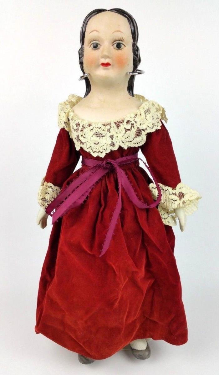Vintage Porcelain Head Arms and Feet Doll Maroon Velvet Dress