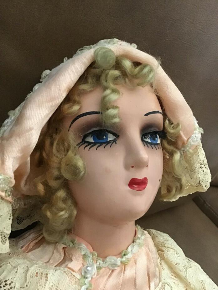 Gorgeous Boudoir Bed Doll circa 1920s, original with Peach Dress with lace