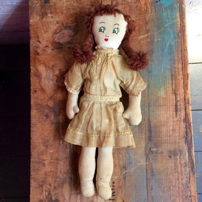 20s antique rag doll - flapper dress - yarn hair - braids - brown hair - cloth d