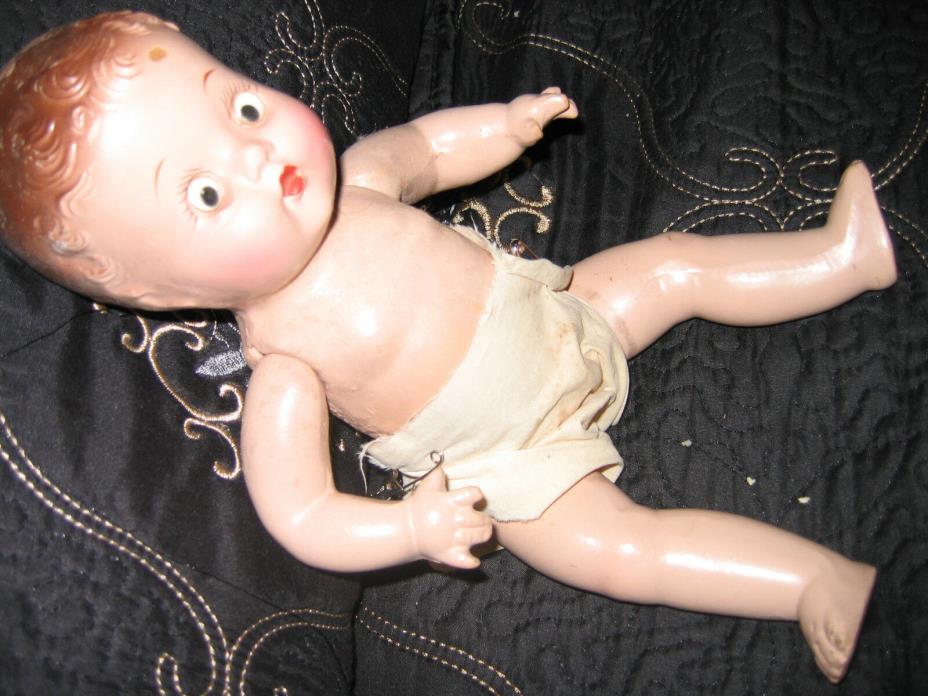 Vintage 1930s Googley Black Eye Doll Brown Curly Hair boy girl child baby diaper