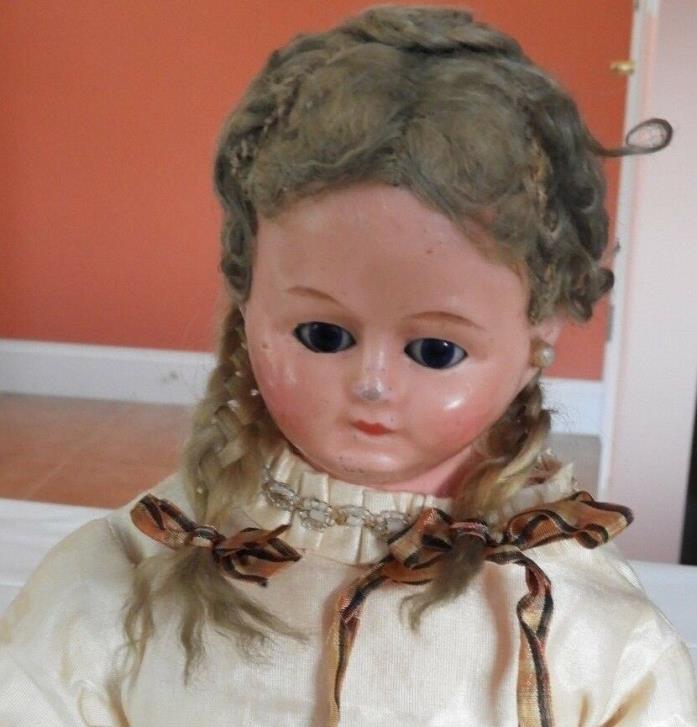 1800s Antique French Doll Wedding Dress & JJ Leather Shoes Sleepy Eyes