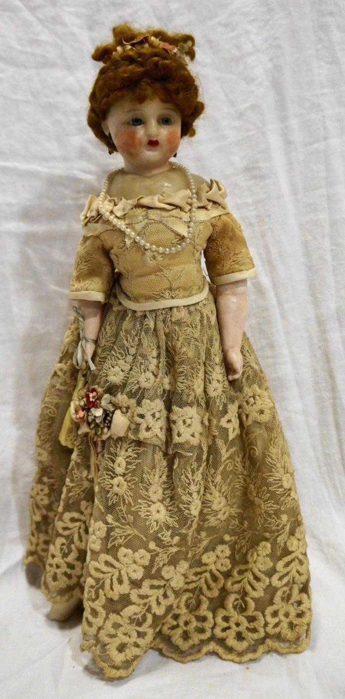 Antique Wax Doll Lace Dress French German Glass Eyes Human Hair Wig 17 IN 1890s
