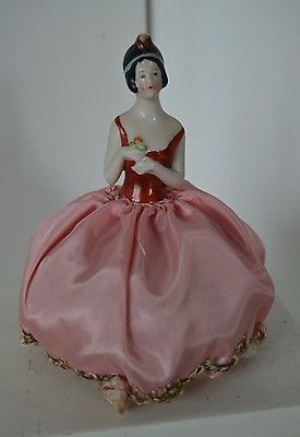 Vintage Porcelain Pincushion German Half Doll Dutch Art Deco Flapper Pink Roses