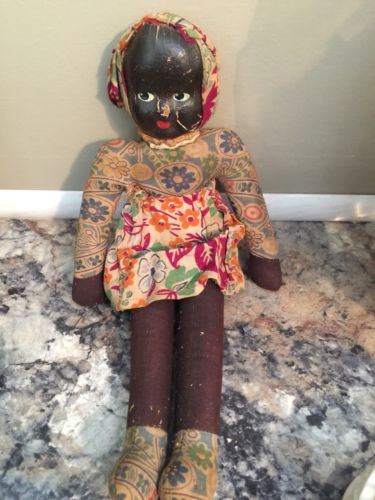Antique Rare Paper Mache Mask Face Black Saw Dust Stuffed Cloth Doll Unmark 1800