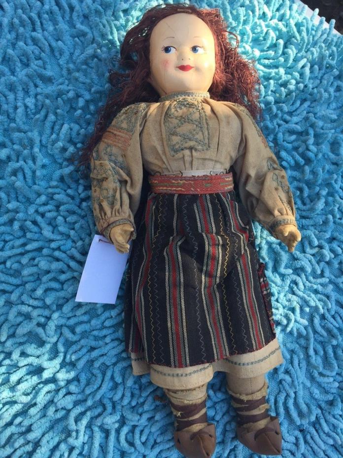 Antique 11.5” 1800’s   Paper Mache Cloth Jointed Body Doll German Rare Red Hair