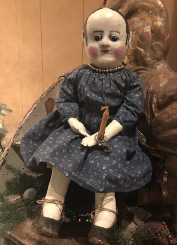 Izannah Walker Style Cloth Doll. 23”applied Ears Stitched Fingers. Distressed.