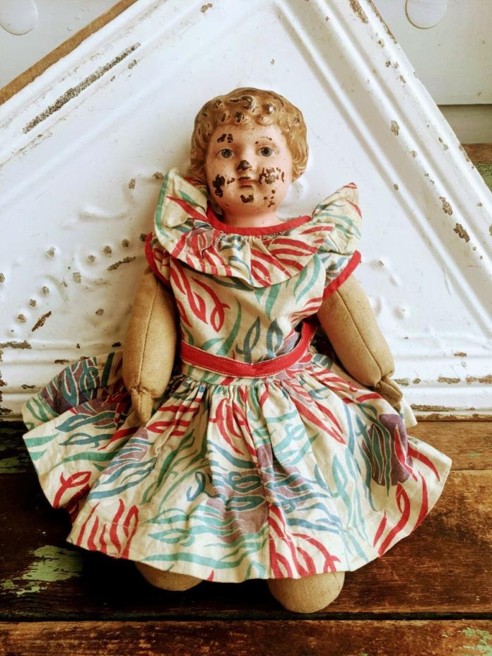Antique Tin Minerva Doll Germany Feed Sack Dress Cloth Body 15.5