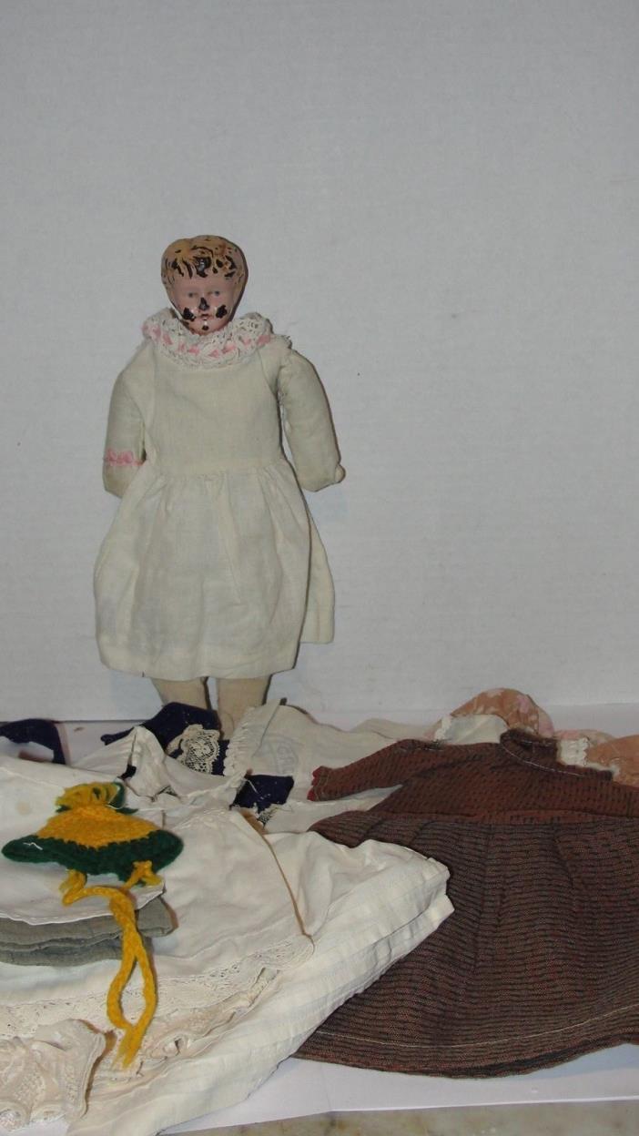 ANTIQUE METAL HEAD DOLL - MINERVIA GERMANY? W/ HAND STITCHED CLOTHING