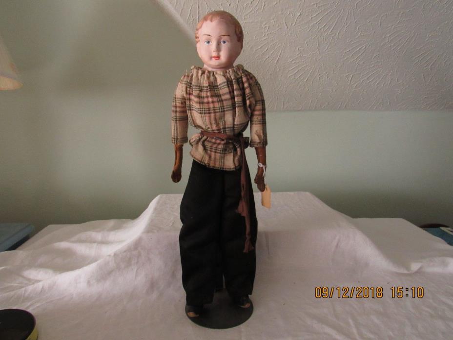TIN HEAD DOLL WITH LEATHER HANDS AND FEET STRAW FILLED BODY 18