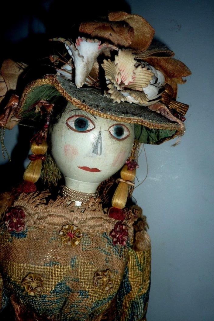 Antique / Vintage Carved large Peg jointed Wooden Doll  tapestry dress