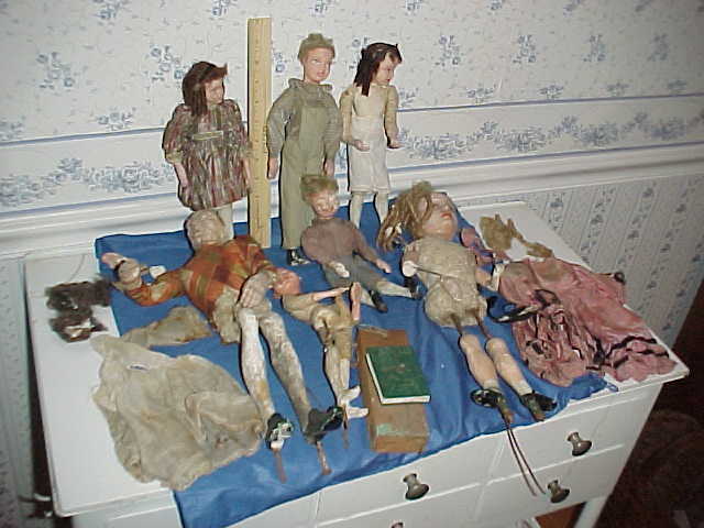 Vintage Old Antique 1800's Toy Wood & Compo Chalk Doll Lot Store Display Rare