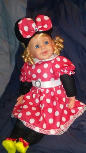24 Inch Vinyl And Cloth Doll Dressed In A Spotted Dress With Mouse Ears