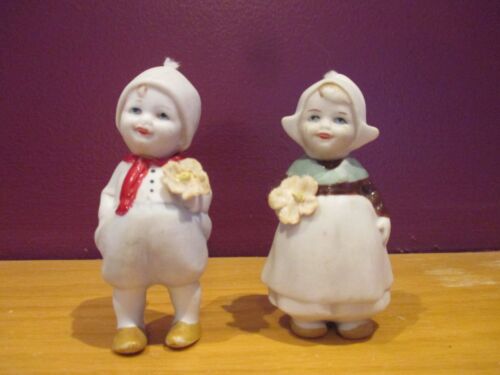 Vintage bisque nodder pair Dutch dolls 3-1/4