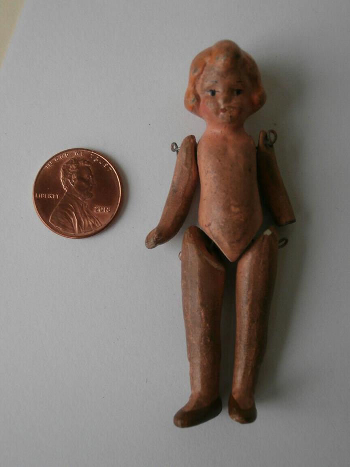 Antique Tiny German ? Painted Bisque Wire Jointed Doll 2 7/8