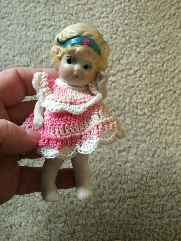 Doll Made in Japan Girl White Bisque Hand Crocheted Pink Dress Painted Face Jing
